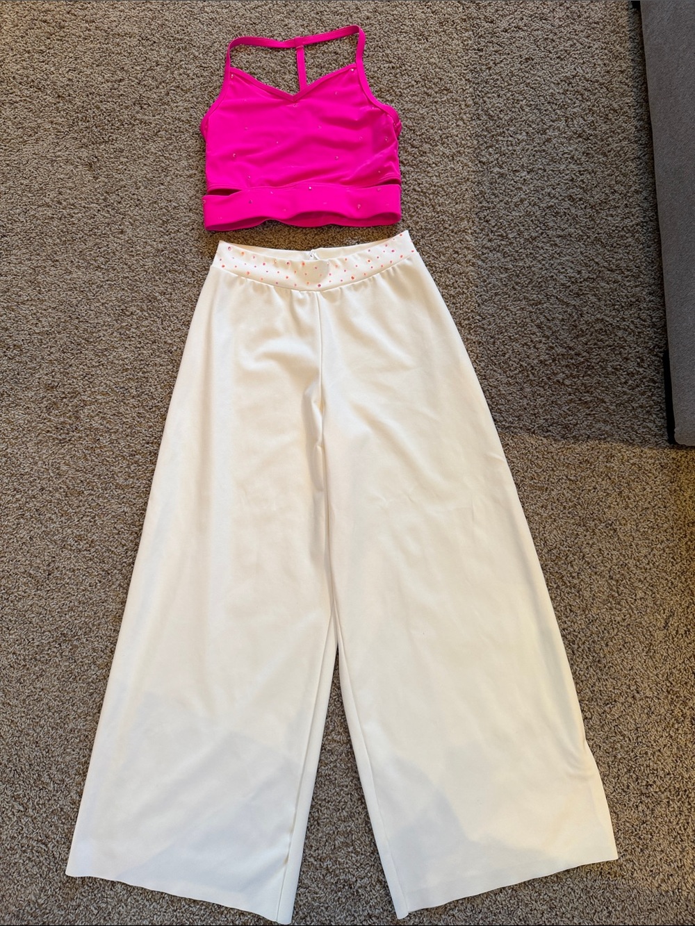 Dance Costume:  Hot Pink Dance Crop Top and Cream Wide-Leg Pants Set